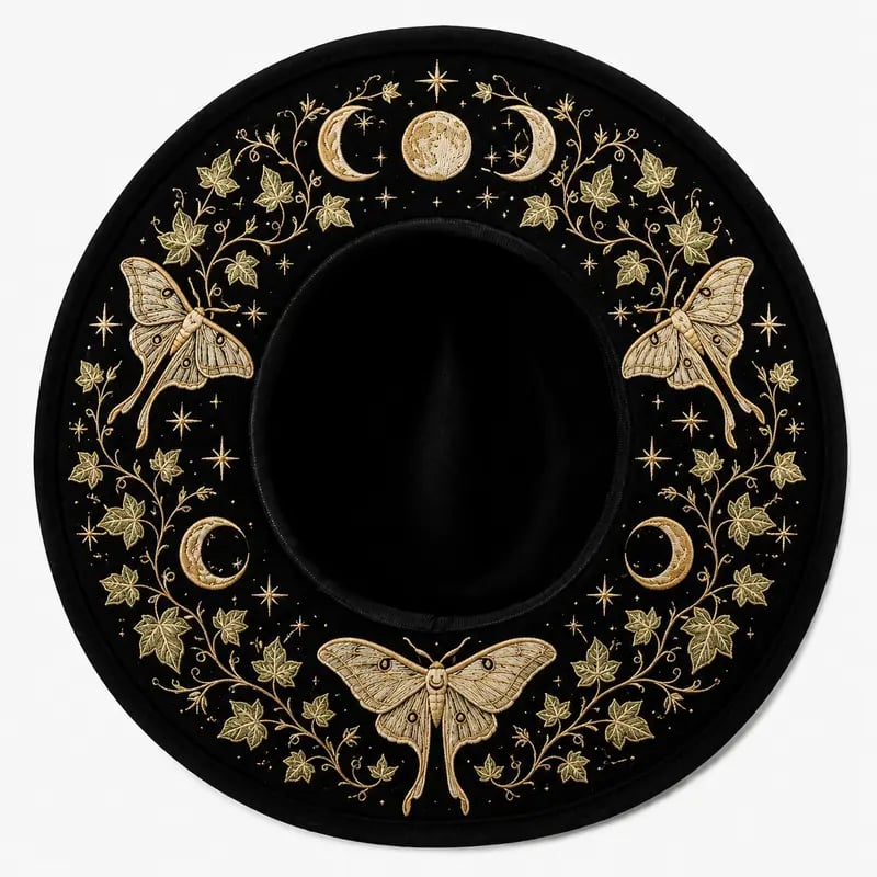 🖤 Gothic Embroidered Wide Brim Fedora Hat 🌙