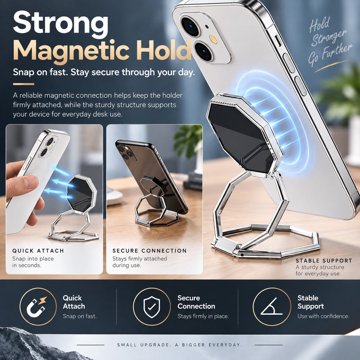 Octagonal Foldable Metal Phone Ring Stand | Magnetic Car Mount Compatible