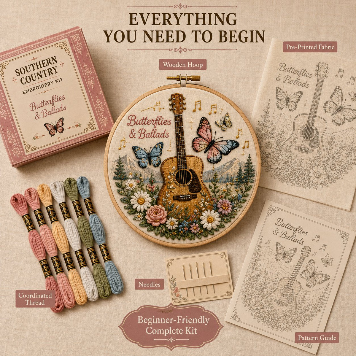 🌼 Beginner-Friendly Dolly Southern Country Needlework DIY Kit | Complete Kit with Pre-Printed Fabric, Wooden Hoop, Floss, Needles & Step-by-Step Guide Included 💕