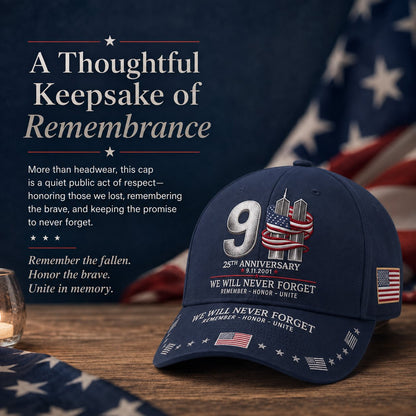 🇺🇸 9/11 25th Anniversary “We Will Never Forget” Memorial Embroidered Cap