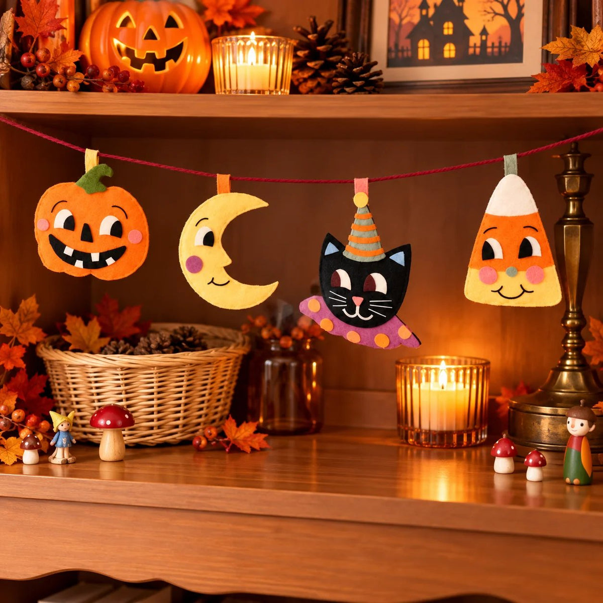 🎃 Halloween Garland DIY Kit – Cute Felt Craft with Pumpkin, Moon, Black Cat & Candy Corn 🐈‍⬛🌙