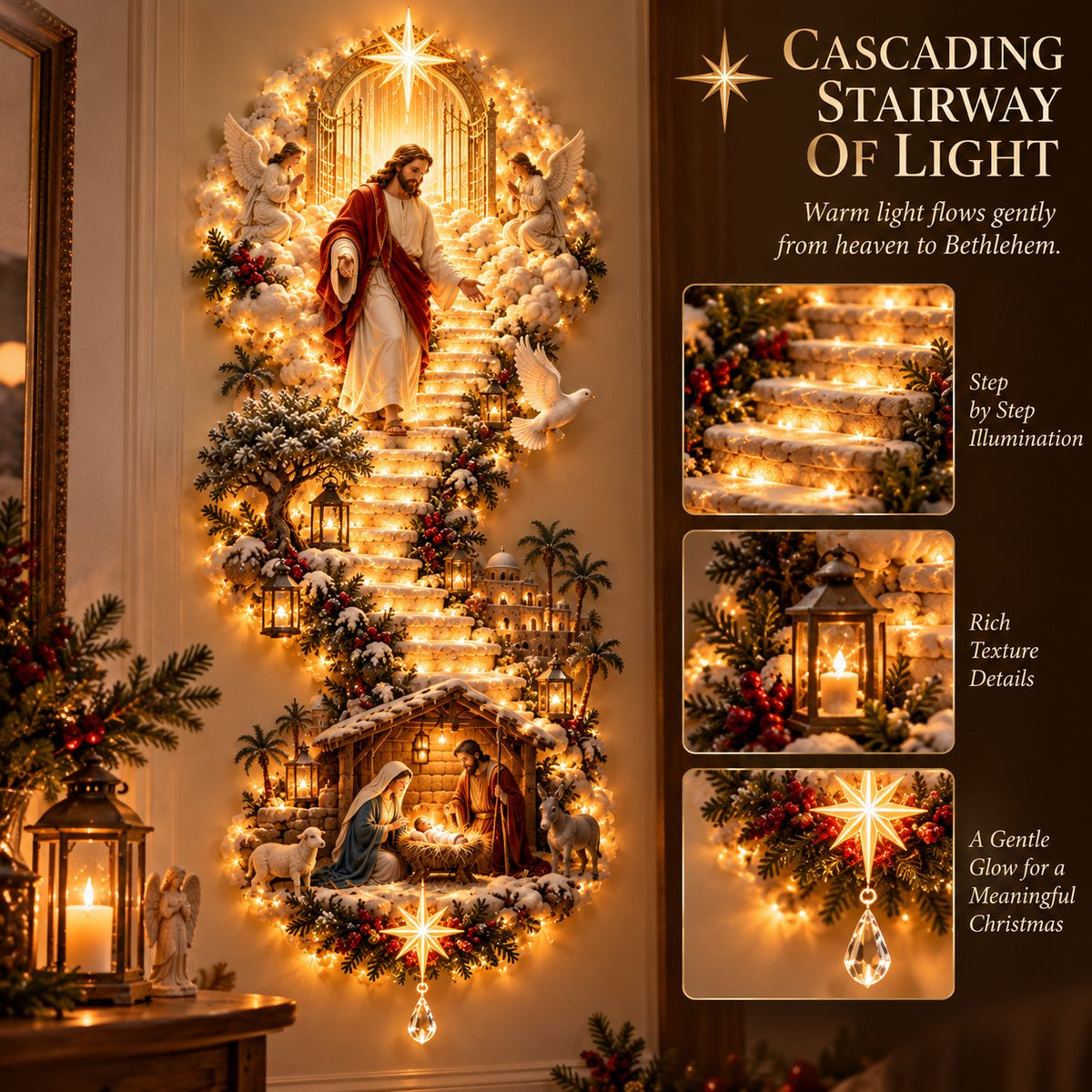 ✨ Jesus Light of Heaven Christmas Wall Hanging | Illuminated Nativity Stairway Decor ✝️