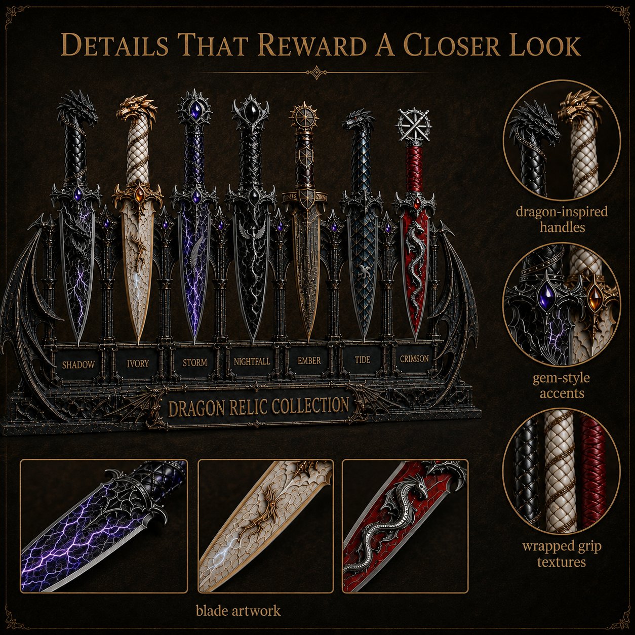 Dragon Relic Collection – 7-Piece Fantasy Dagger Display Set