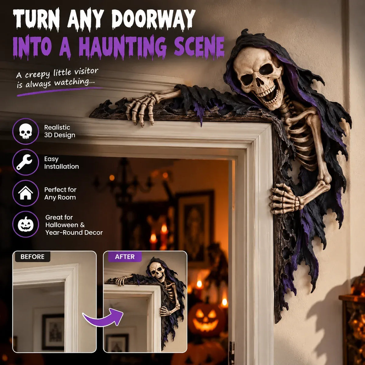 💀🚪 Creeping Reaper Corner Accent – Gothic Doorway Peeker for Halloween & Horror Décor