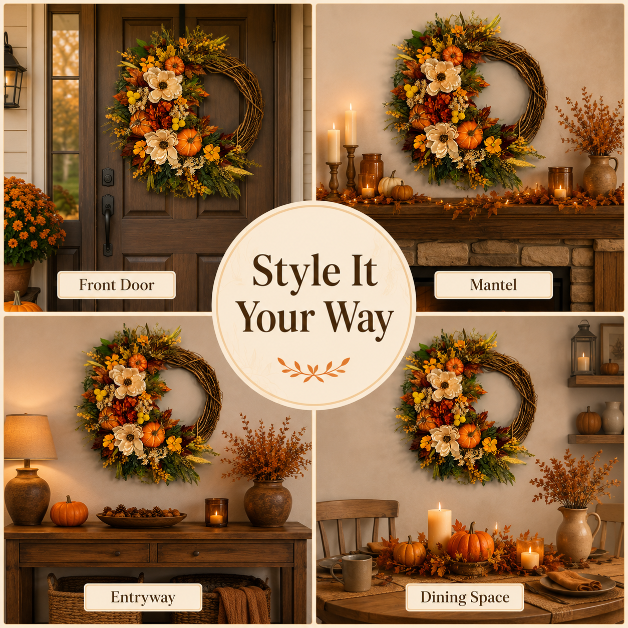 🎃 Fall Wreath for Front Door – Pumpkin, Sunflower & Autumn Floral Harvest Decor