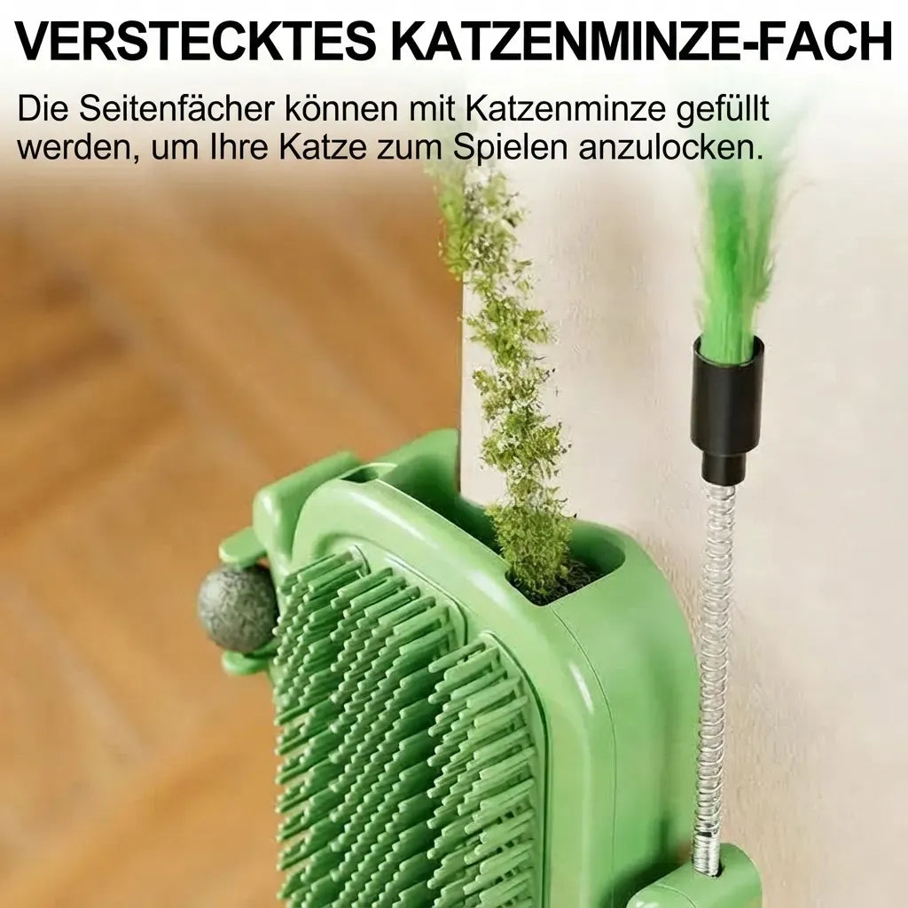 3-in-1-Eck-Massagebürste für Katzen | Wandmontierbare Kratz- und Massagehilfe mit Spielstab (mit Glöckchen) & optionalem Katzenminze-Ball