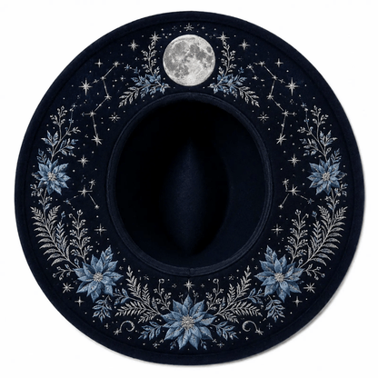 🖤 Gothic Embroidered Wide Brim Fedora Hat 🌙