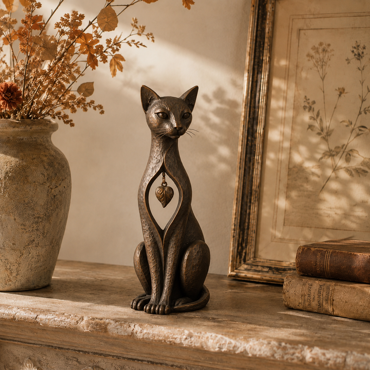 Heritage Heart Sphynx Sculpture – Vintage Iron Cat Accent for Timeless Interiors