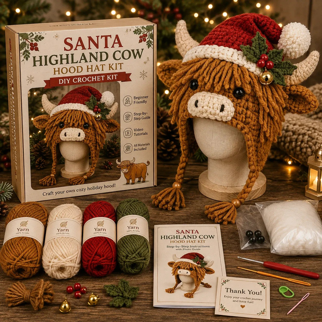 🐮🎄 Christmas Highland Cow Hood Hat DIY Crochet Kit – Make It, Wear It & Love It