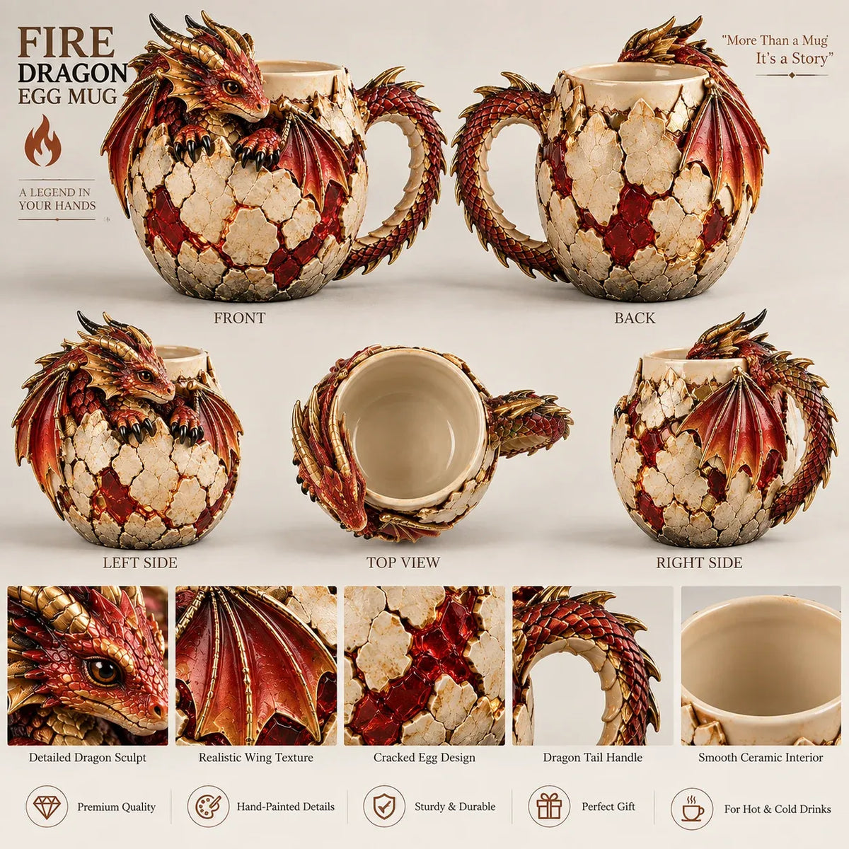 🐉 Dragonbound Realms™ Sculpted Dragon Mug Collection | 6 Fantasy Realm Designs with Raised 3D Dragon Details ☕
