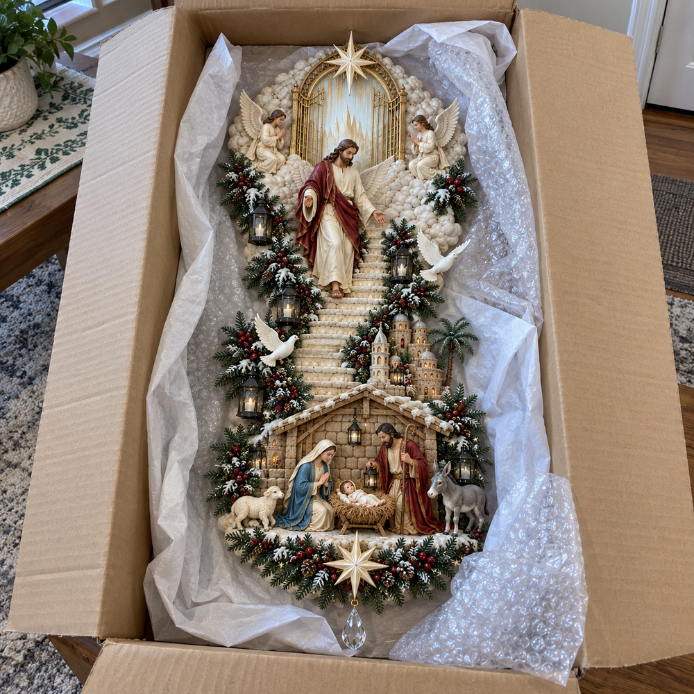 Customer-style unboxing photo of Nativity wall decoration with lights off