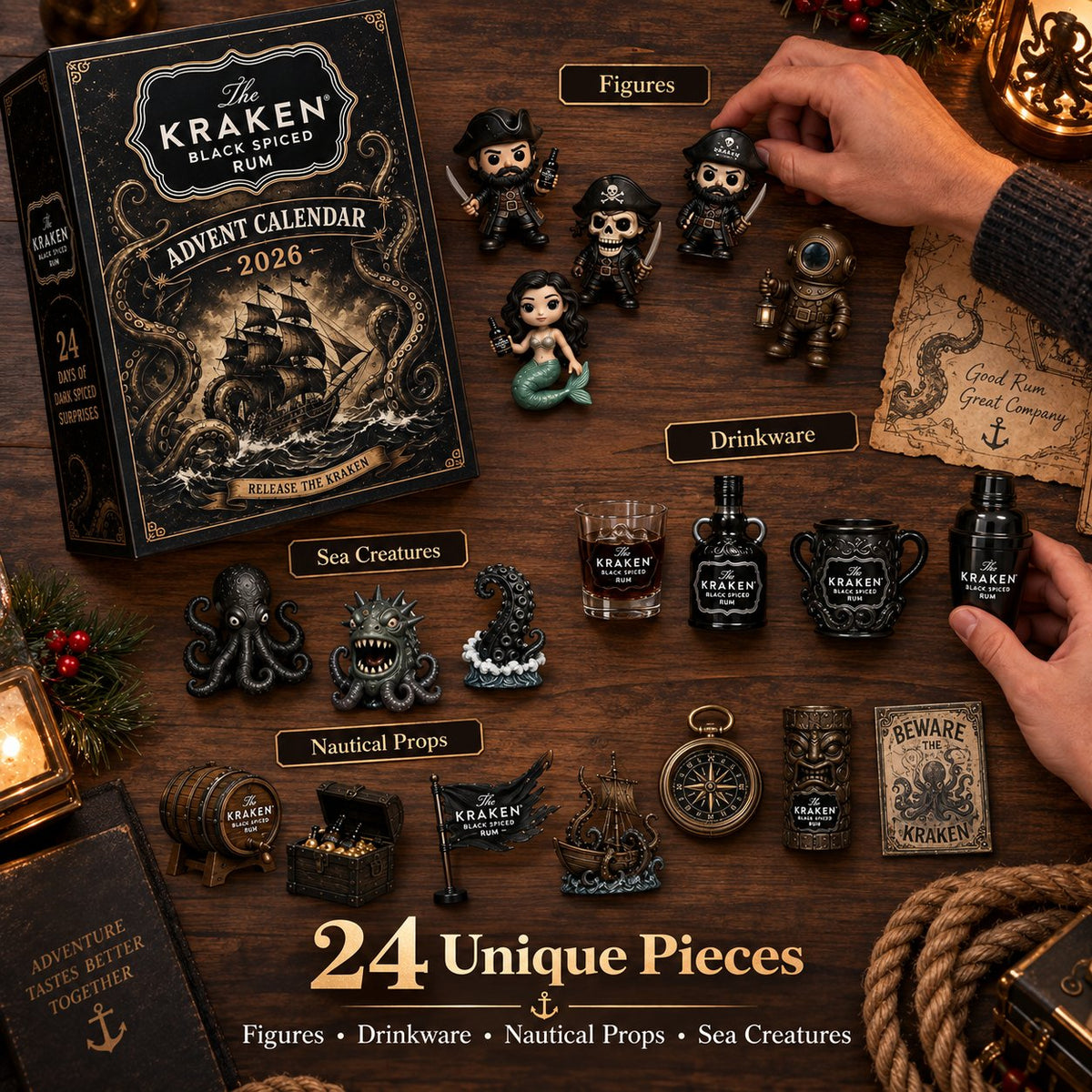24-Day Kraken Rum Mini Bottle Advent Calendar Set for Holiday Bar Table Display, Rum Lover Collectible Gift, Christmas Countdown & Festive Decoration