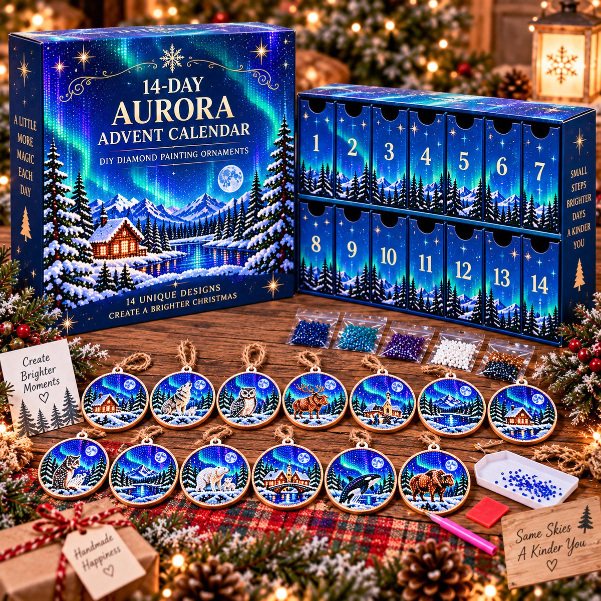 🌌 14-Day Aurora Diamond Painting Advent Calendar – DIY Wooden Christmas Ornament Kit