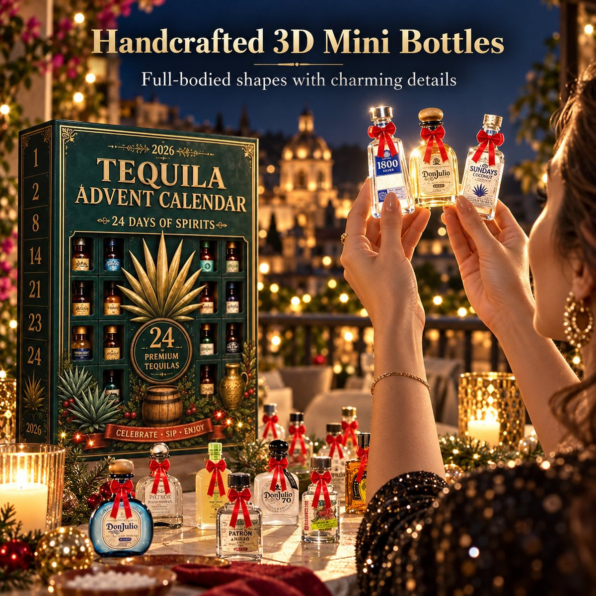 24-Day Mini Tequila Bottle Advent Blind Box for Holiday Celebration, Bar Table Decor, Collector Gift & Family Countdown