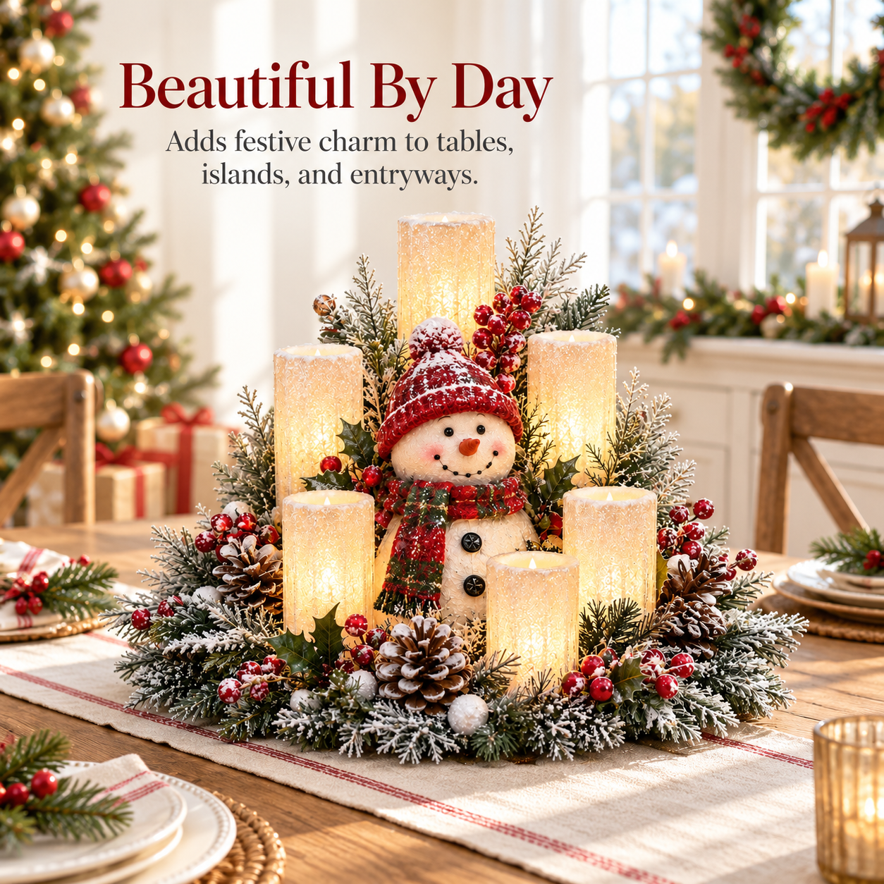 🎁 Christmas Lighted Centerpiece with Flameless Candle Glow