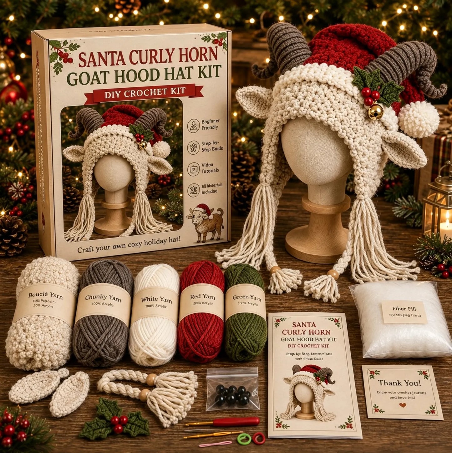🐮🎄 Christmas Highland Cow Hood Hat DIY Crochet Kit – Make It, Wear It & Love It