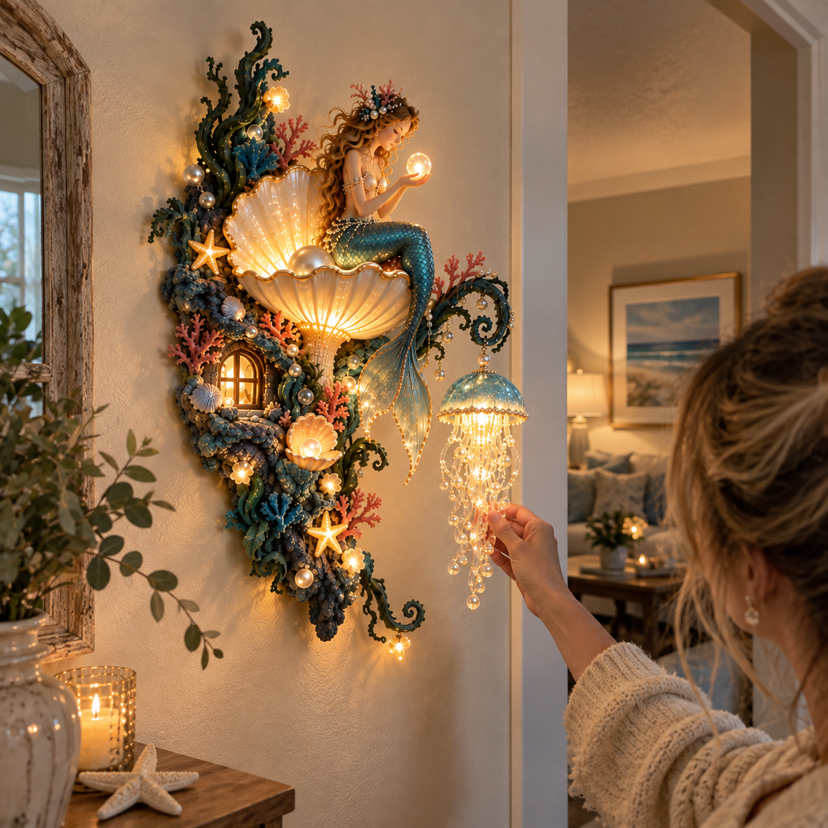✨ Mermaid Pearl Glow Wall Light – Ocean-Inspired Coastal Decor 🧜‍♀️🐚