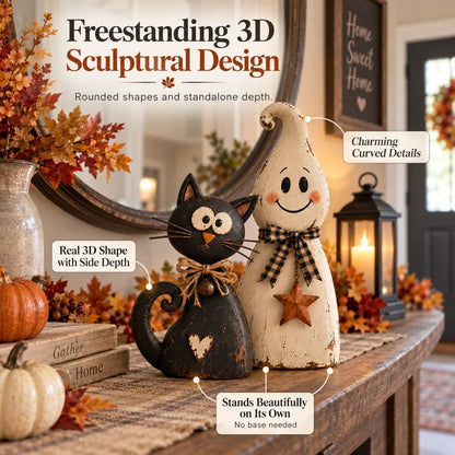 🐈‍⬛ Ghost & Black Cat Halloween Figurines – Vintage-Inspired Decor