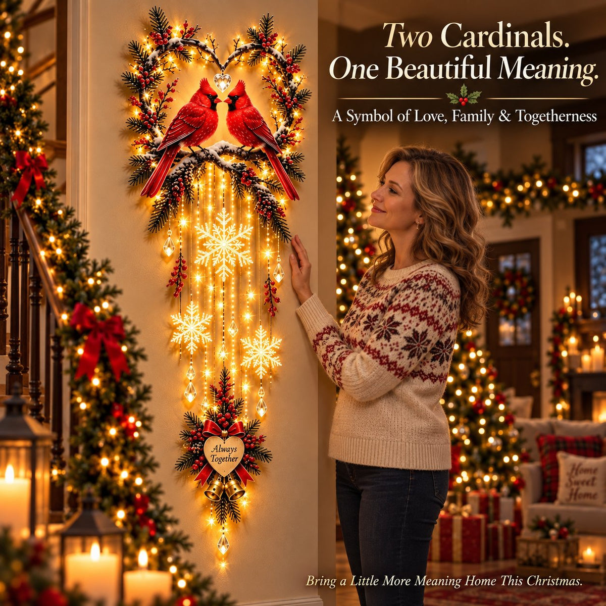 Cardinal Christmas light decoration displayed in different spaces