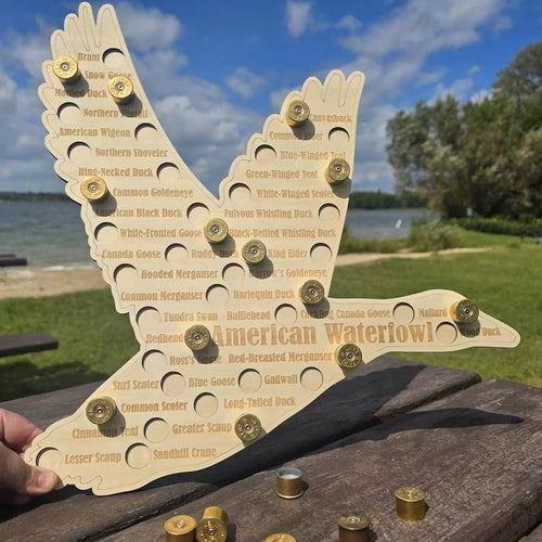 American Waterfowl Challenge Wooden Map 🦆 – Engraved 41 Species Duck Hunting Wall Decor & Harvest Tracker