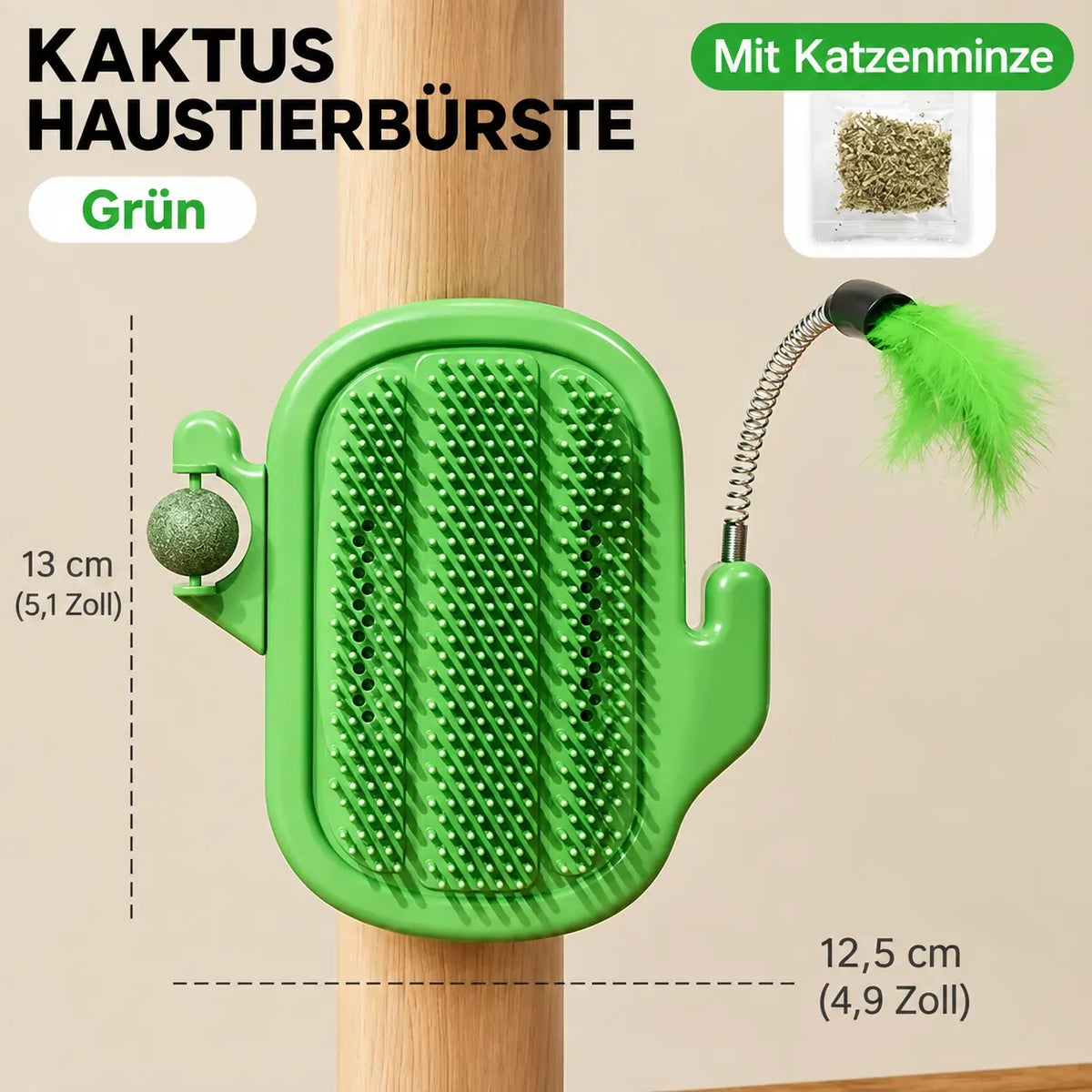 3-in-1-Eck-Massagebürste für Katzen | Wandmontierbare Kratz- und Massagehilfe mit Spielstab (mit Glöckchen) & optionalem Katzenminze-Ball