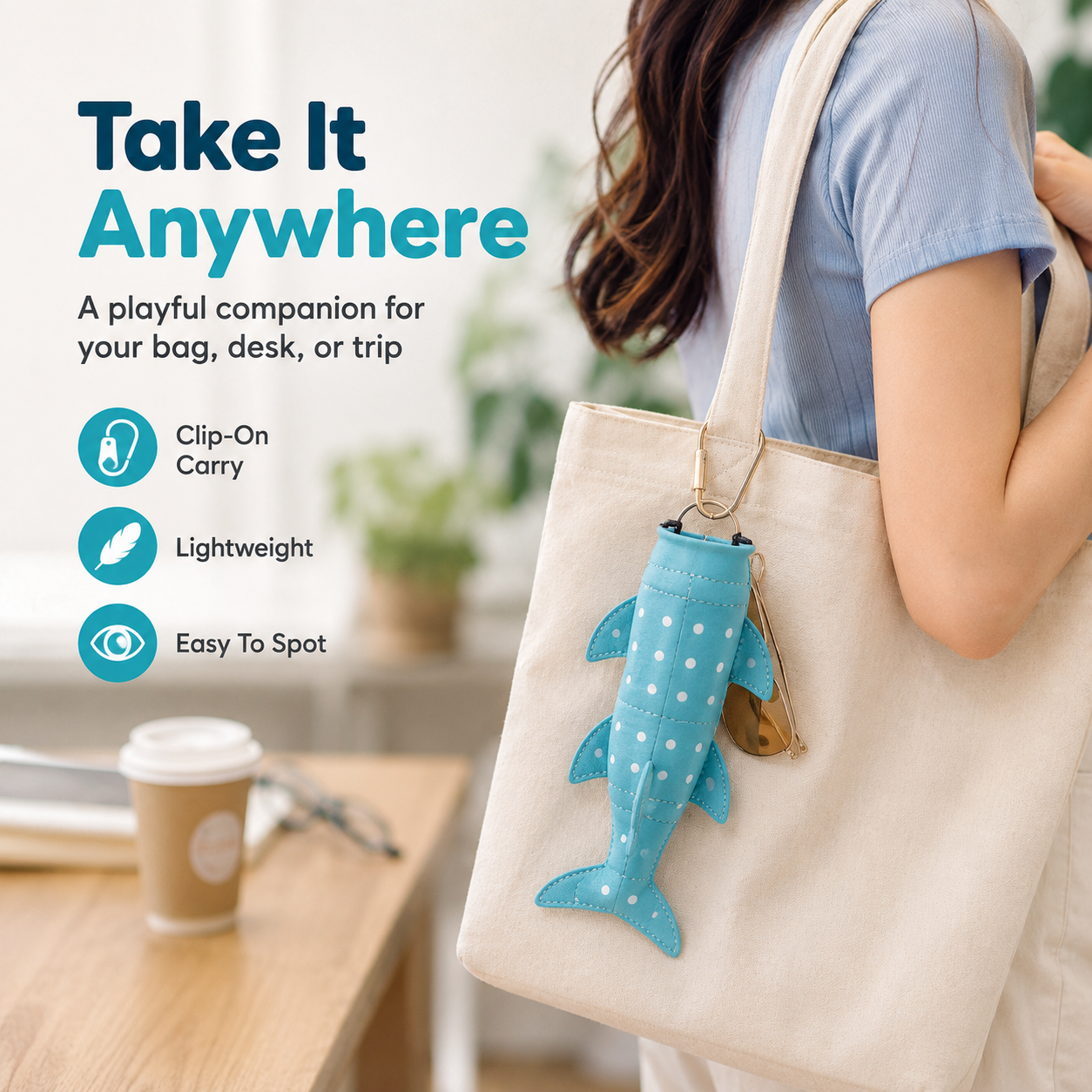 Shark glasses case clipped to tote bag