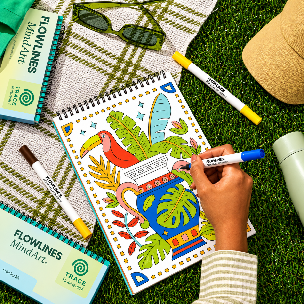 Trace-By-Groove Guided Flow Art Coloring Pad with Double-Sided Markers