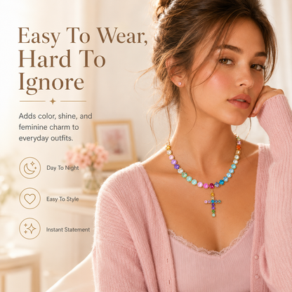 Colorful Crystal Cross Necklace – Sparkling Adjustable Statement Jewelry