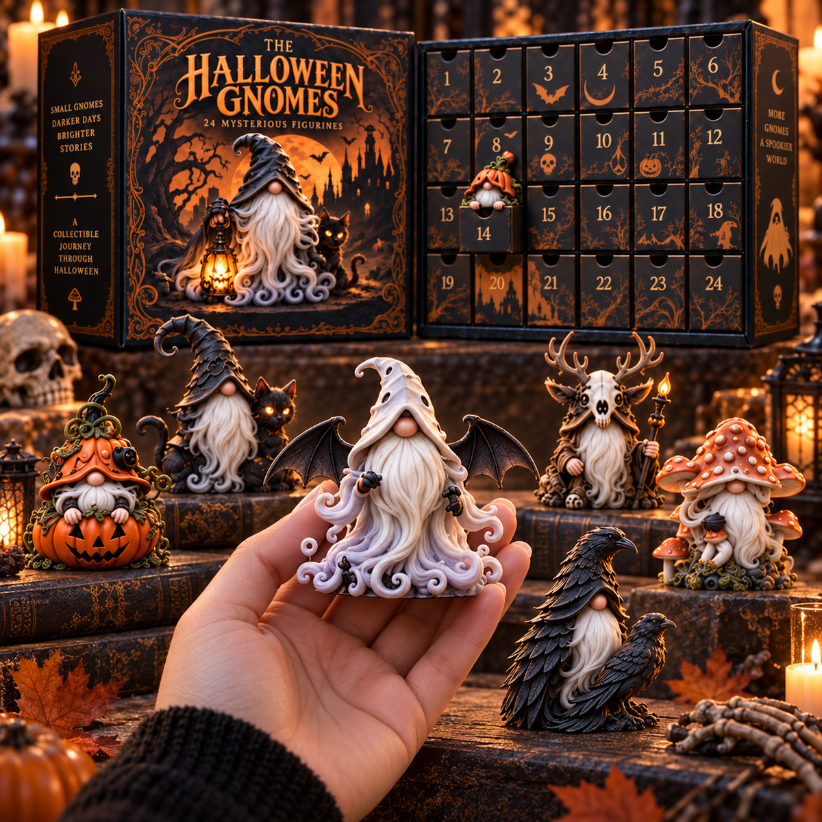 Close-up of a white ghost-inspired haunted gnome character