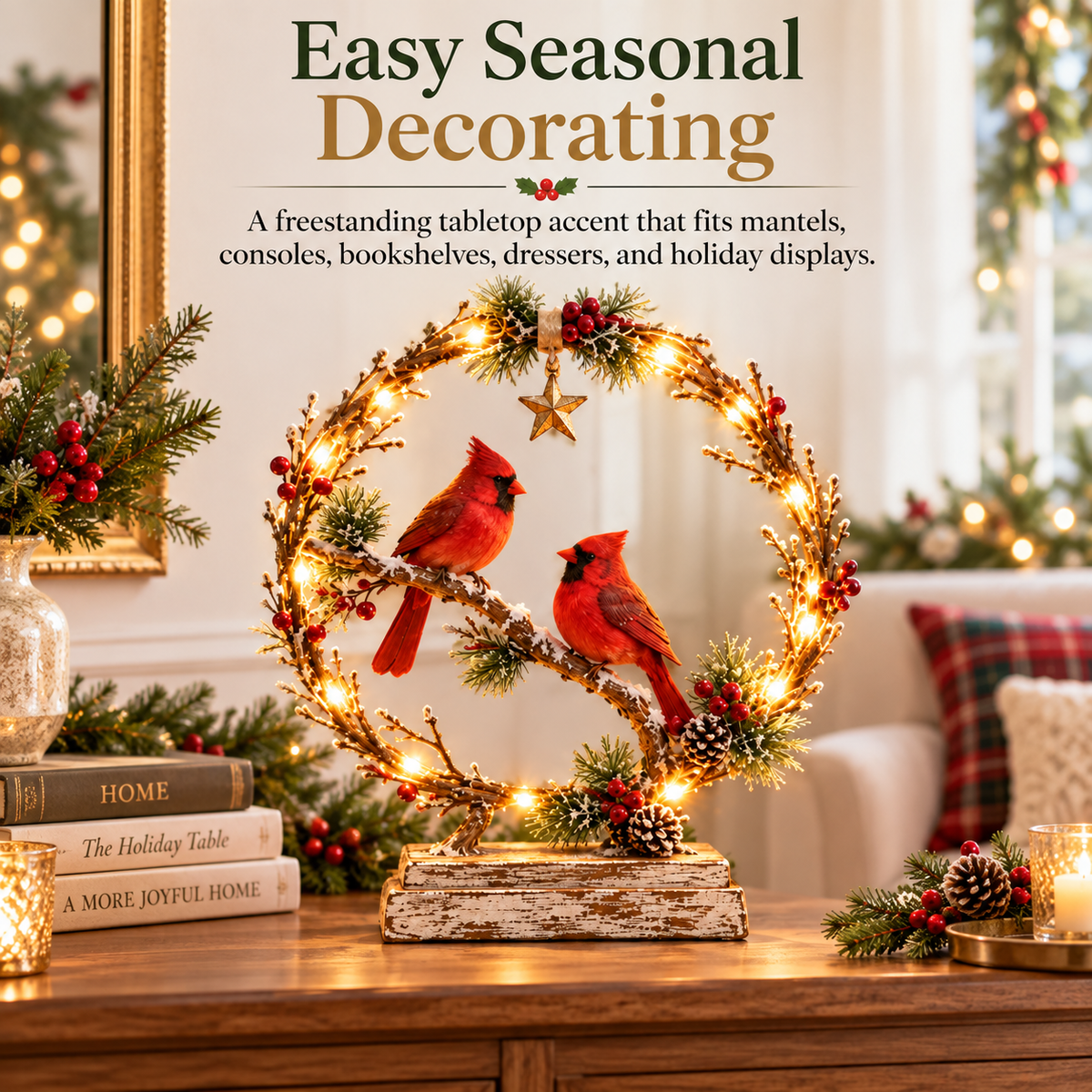 Glowing Cardinal Winter Wreath Tabletop Decor