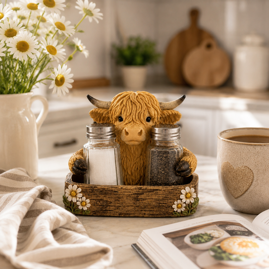 Adorable Highland Cow Farmhouse Collection – Salt & Pepper Holder or Tissue Box Cover