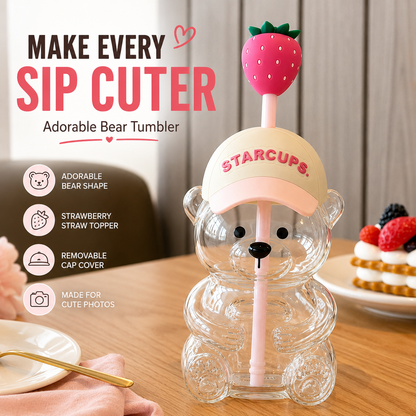 🔥 LAST DAY 55% OFF🐻Cute Teddy Bear Glass Tumbler with Bear Lid & Strawberry Straw – 20oz Reusable Cup
