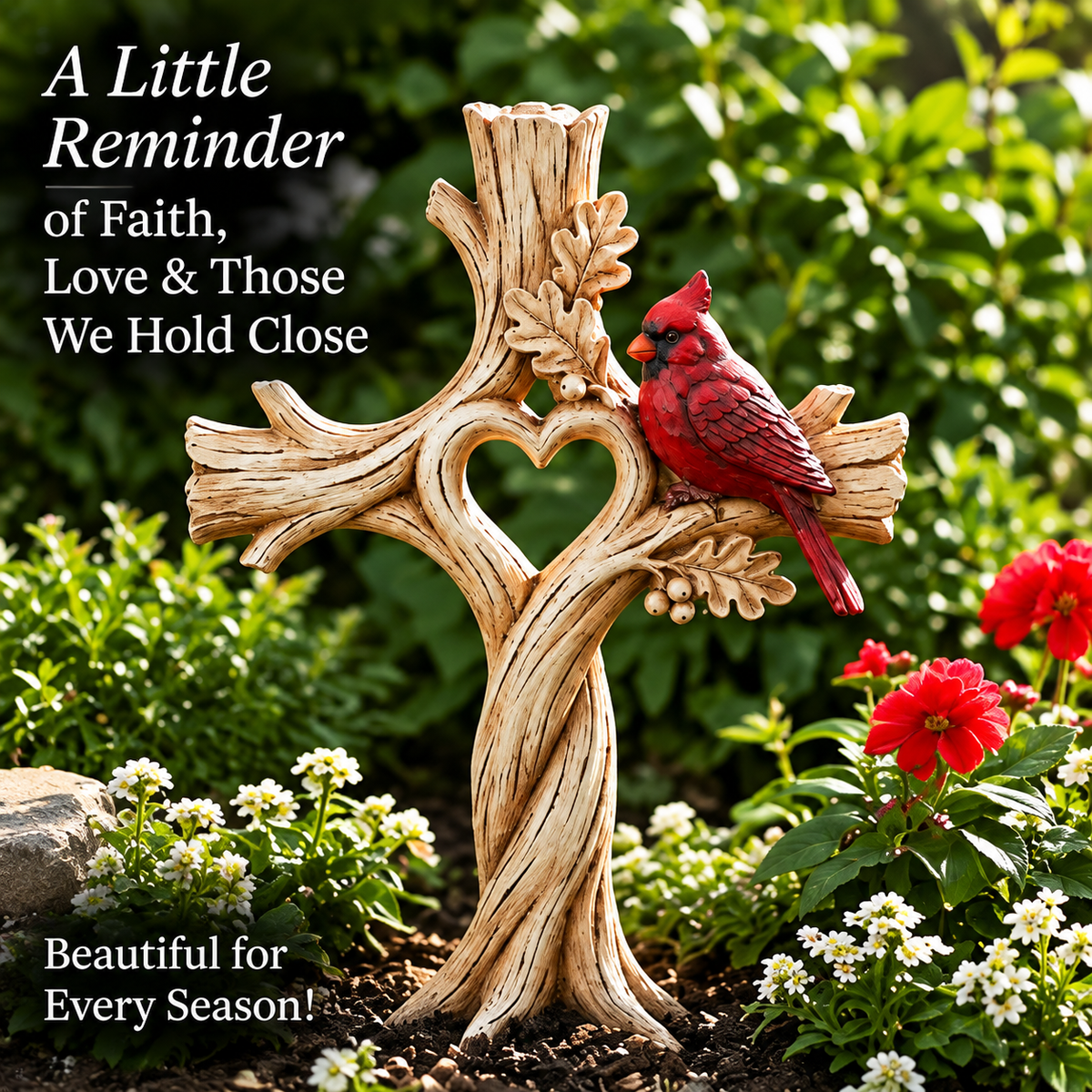 Cardinal heart tree remembrance decor in a garden setting