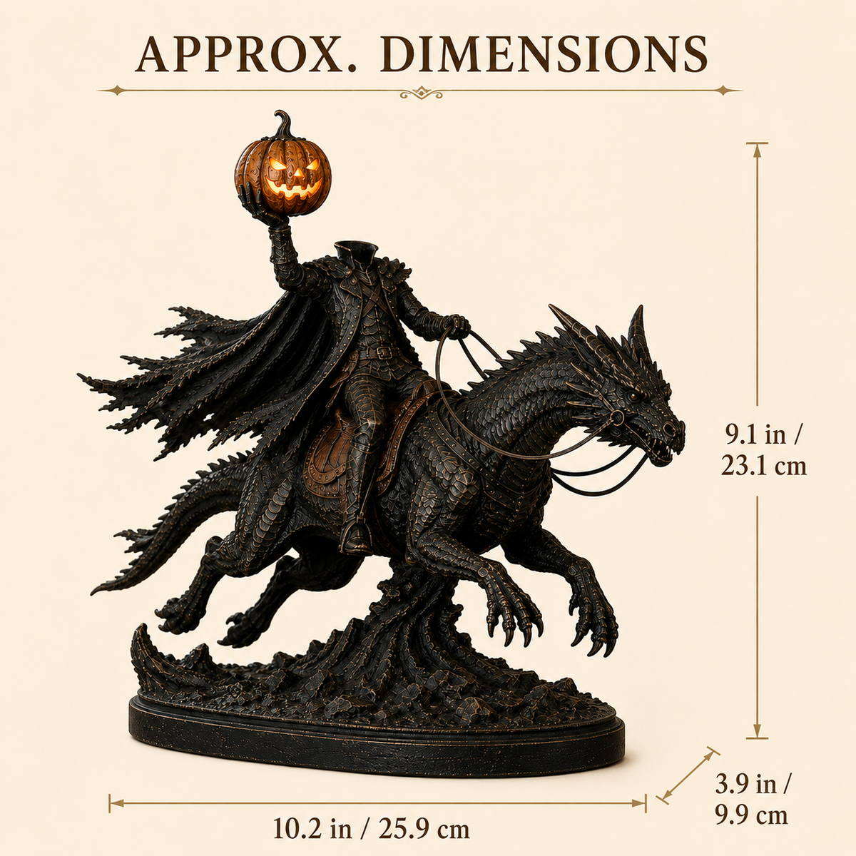 Dimensions of Light-Up Headless Horseman Dragon Statue with Timer – Gothic Halloween Decor