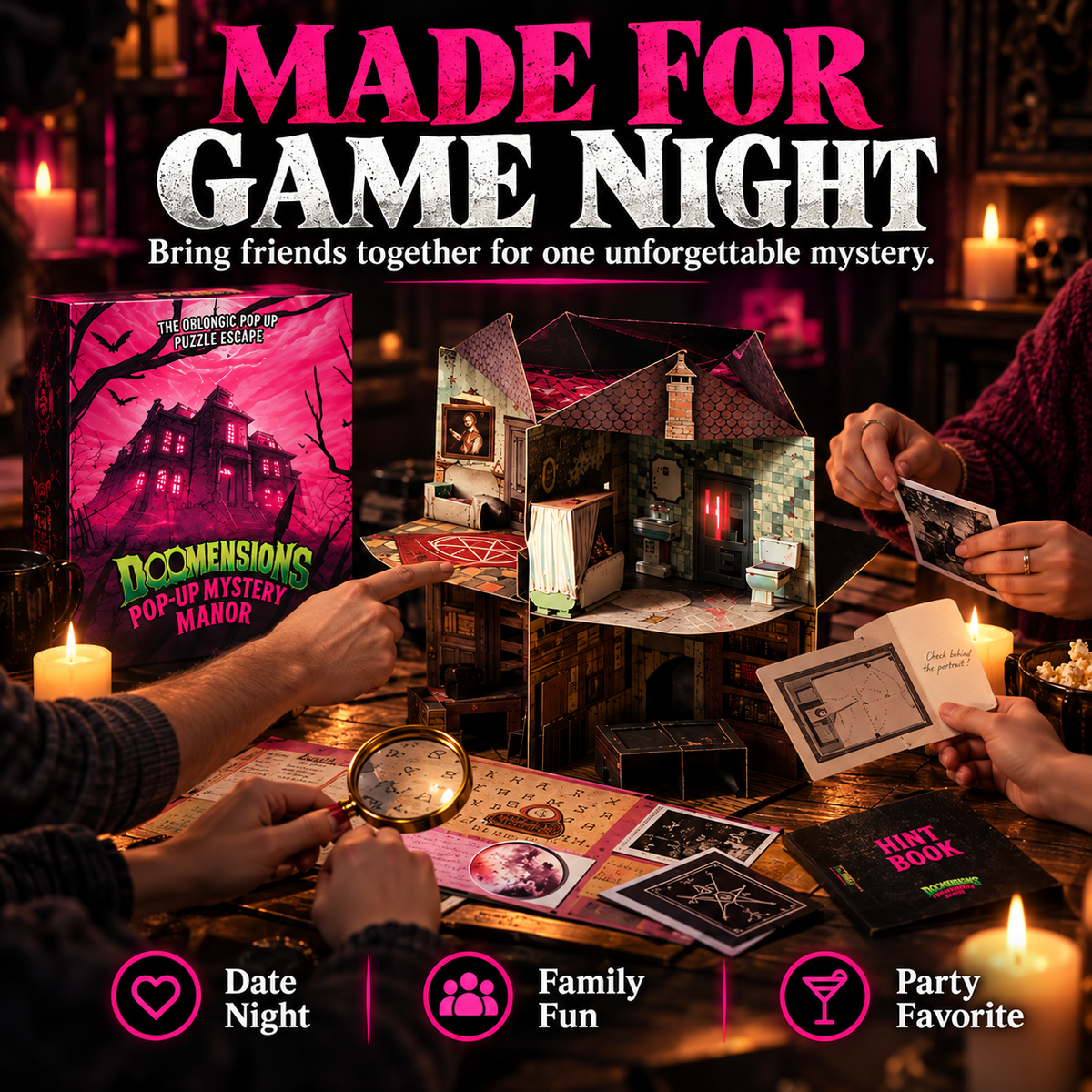 Friends enjoying a Mystery Manor game night