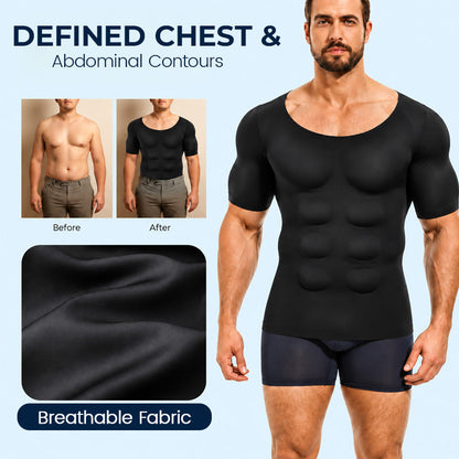 💪 Men's Muscle Enhancing Shaping T-Shirt – Sculpted Chest & Abs Look, Slim Fit Compression Base Layer, Short Sleeve Undershirt