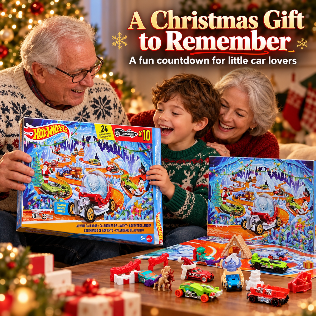Grandparents and a child enjoying a festive toy racing advent calendar together