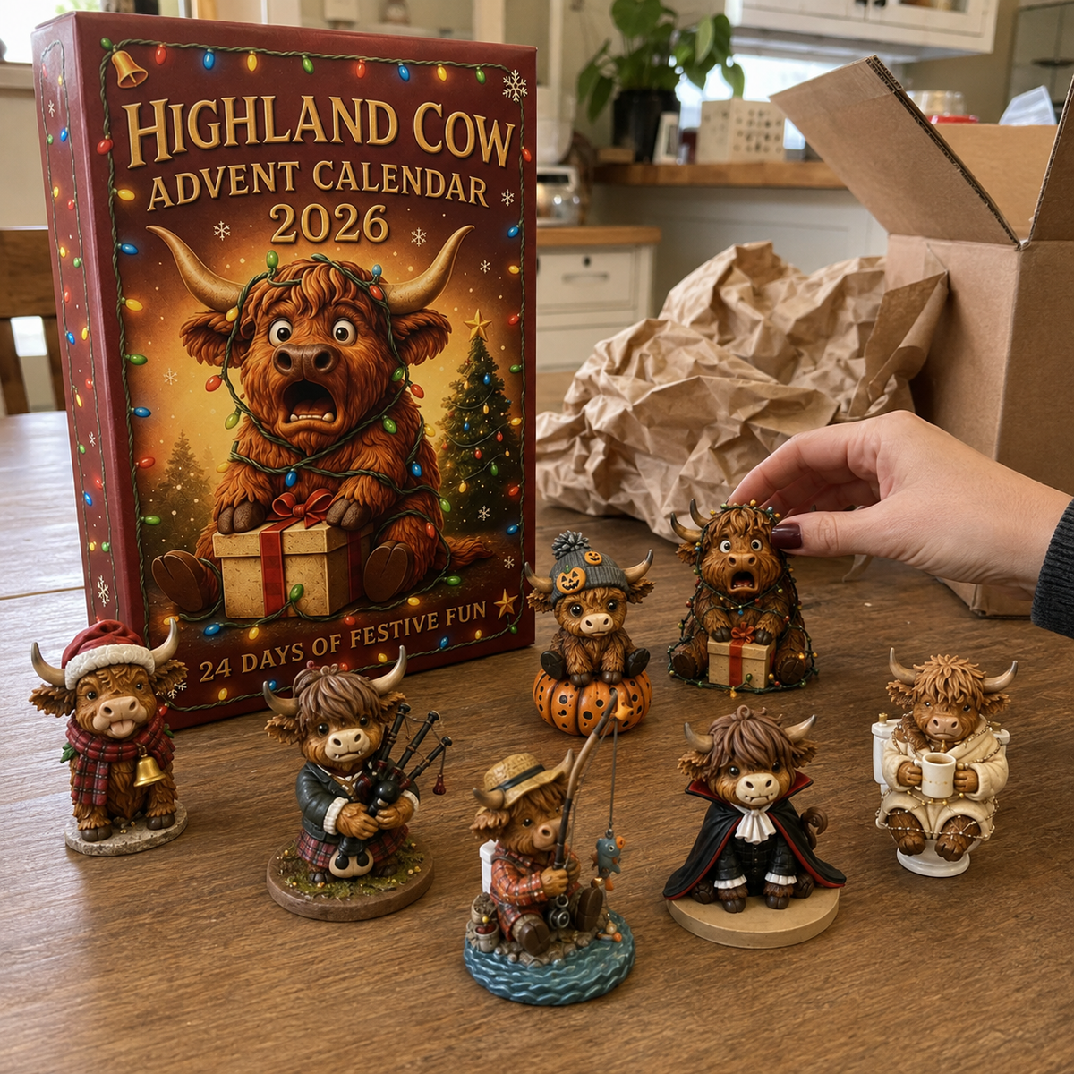 Highland Cow Advent Calendar package and figurines after unboxing