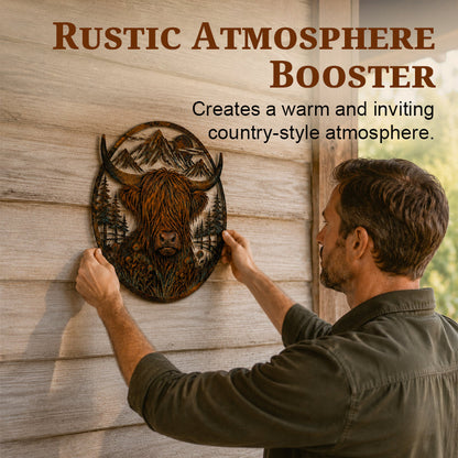 🏔️🐮 Highland Cattle Mountain Silhouette – Rustic Metal Farmhouse Wall Art