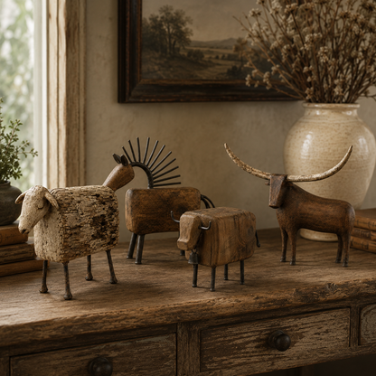 Vintage Primitive Farm Animal Sculptures – Rustic Wood & Metal Collection