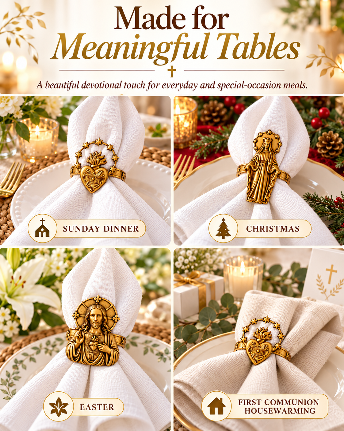 Catholic Devotional Napkin Rings – Sacred Heart, Virgin Mary & Jesus Table Décor