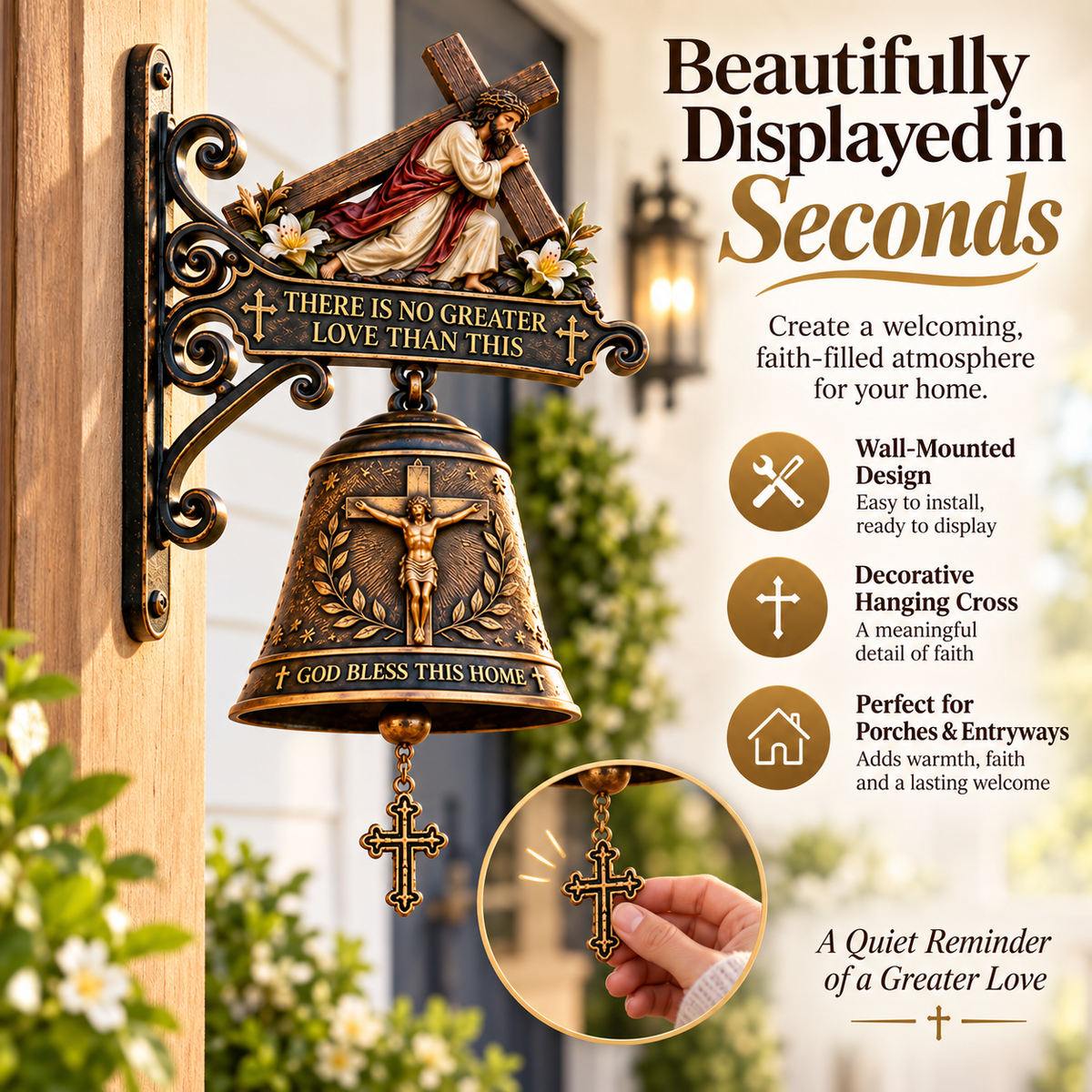 Christian Home Blessing Bell – Jesus Cross Wall Decor for Entryway & Porch