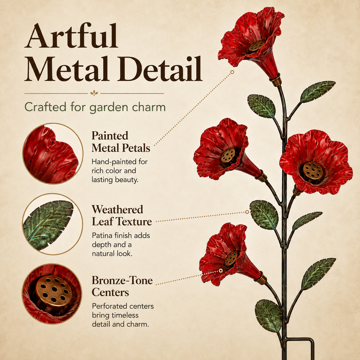Close details of painted metal petals, weathered leaves and bronze centers