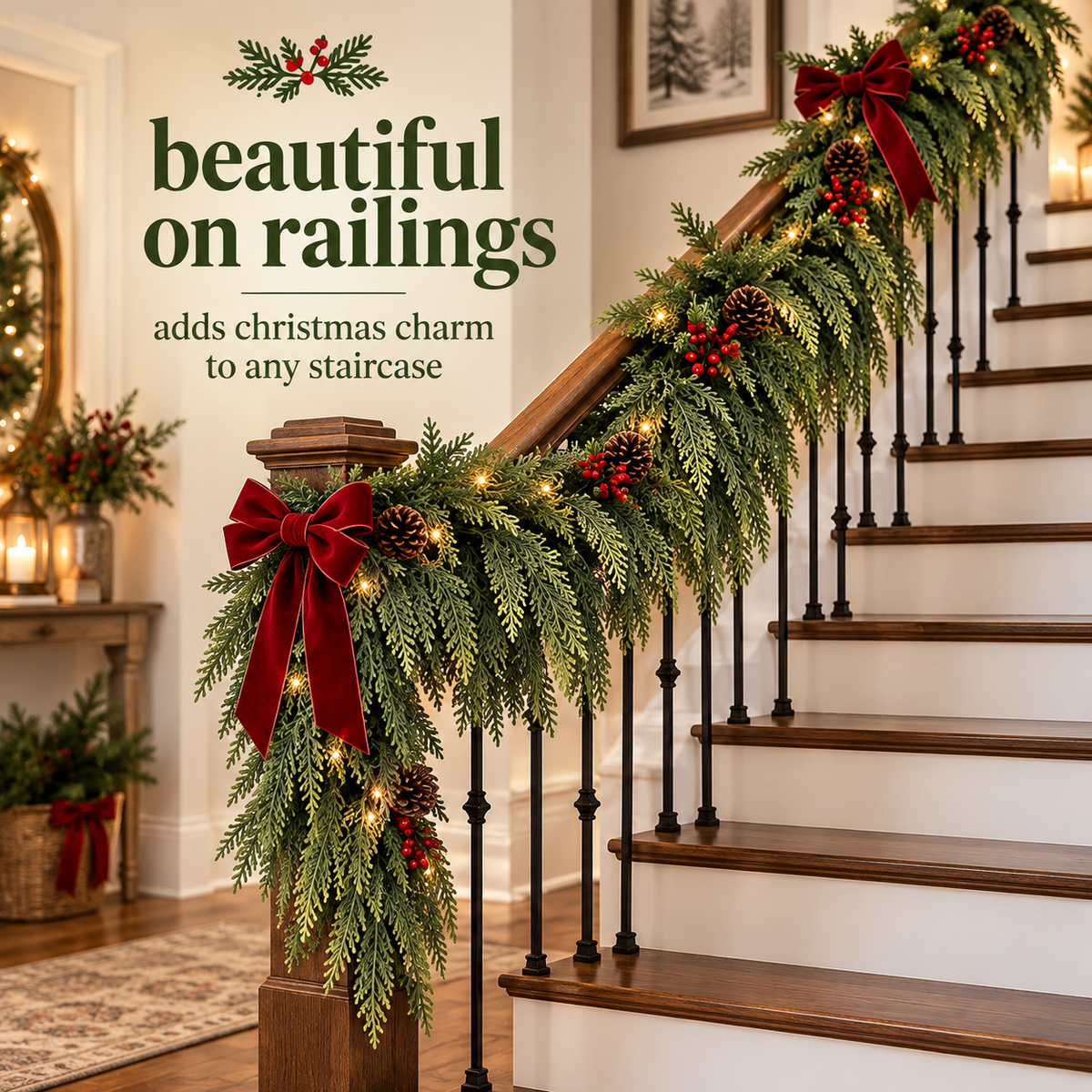 Christmas greenery on staircase railing