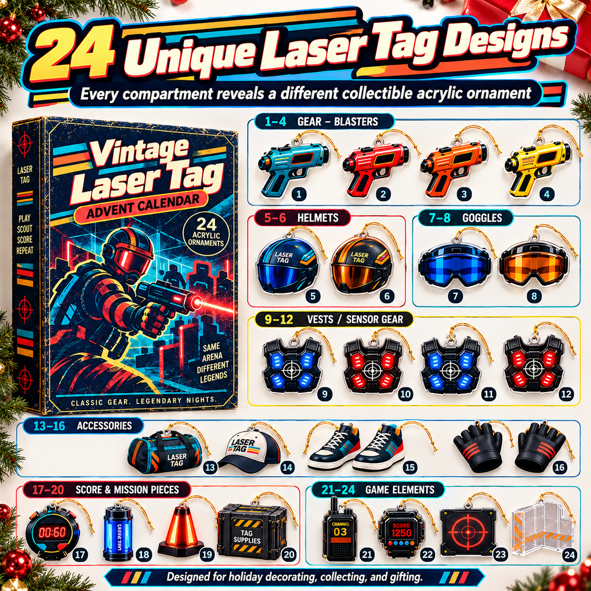 24 unique laser tag acrylic ornament designs