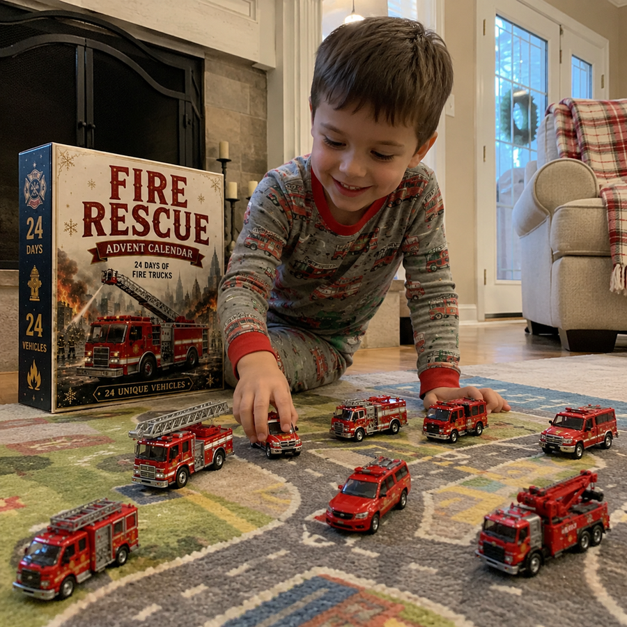 Child playing with miniature rescue vehicles at home