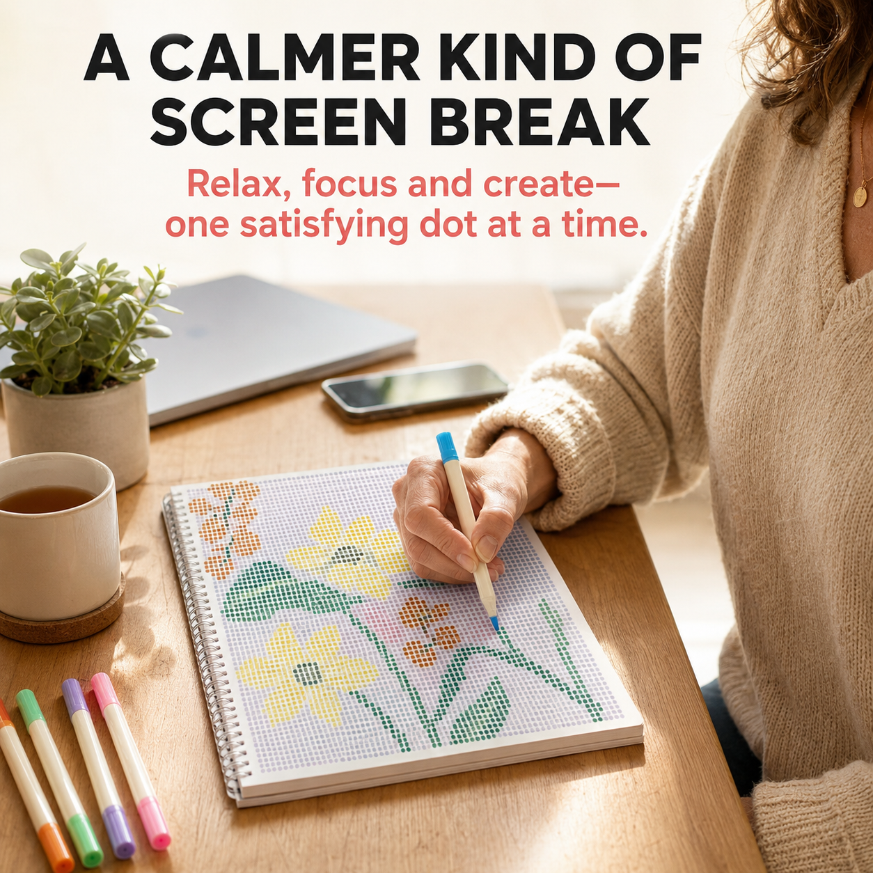 A relaxing screen-free dot-by-letter coloring activity at home