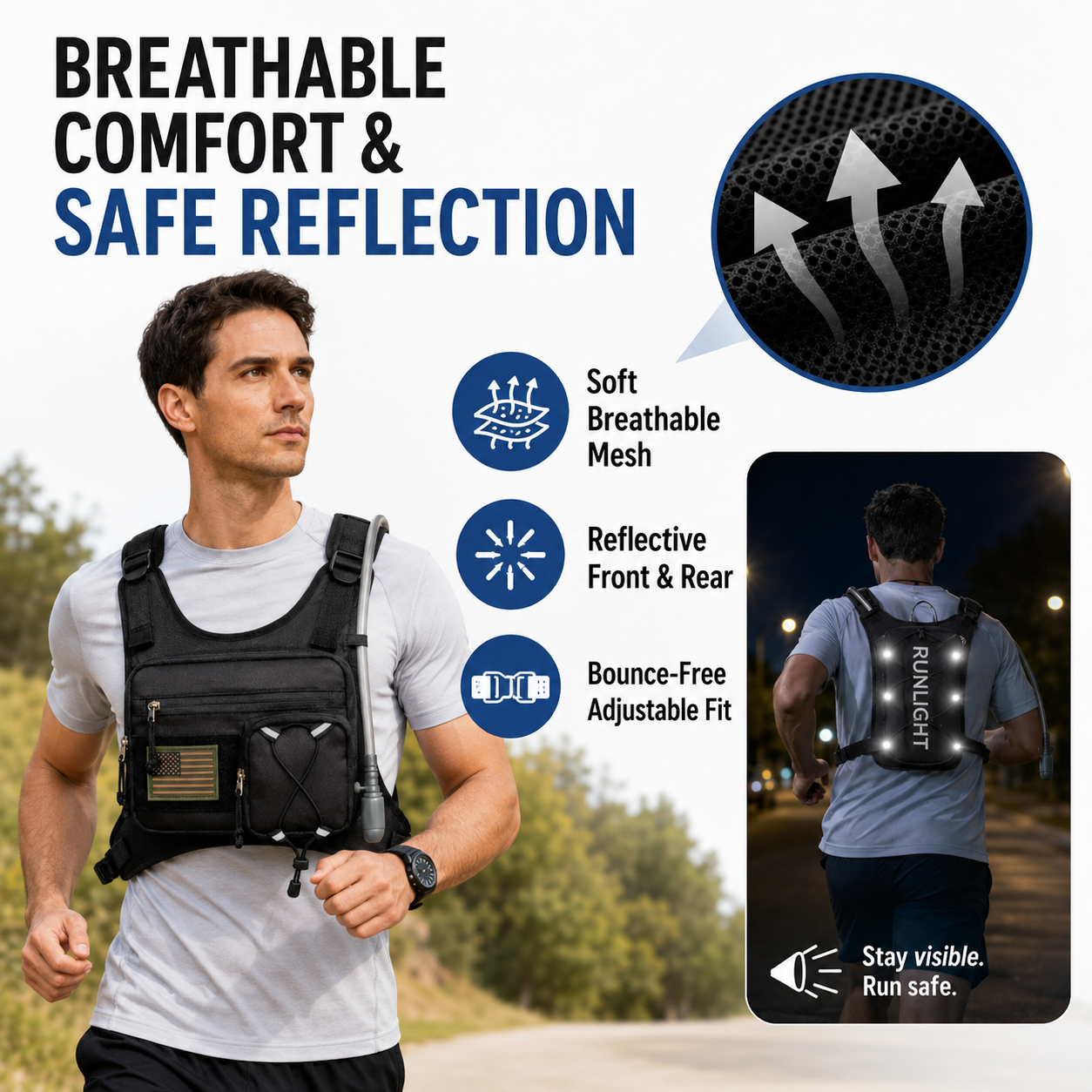 Breathable mesh and reflective running hydration vest