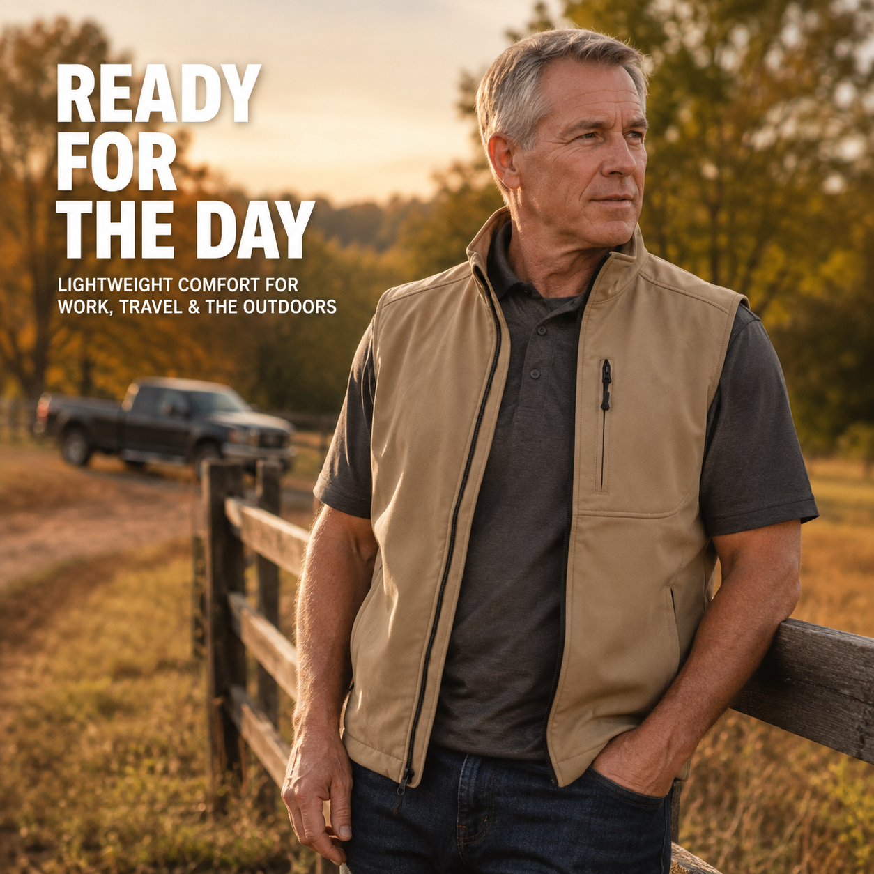 Man wearing the khaki vest outdoors