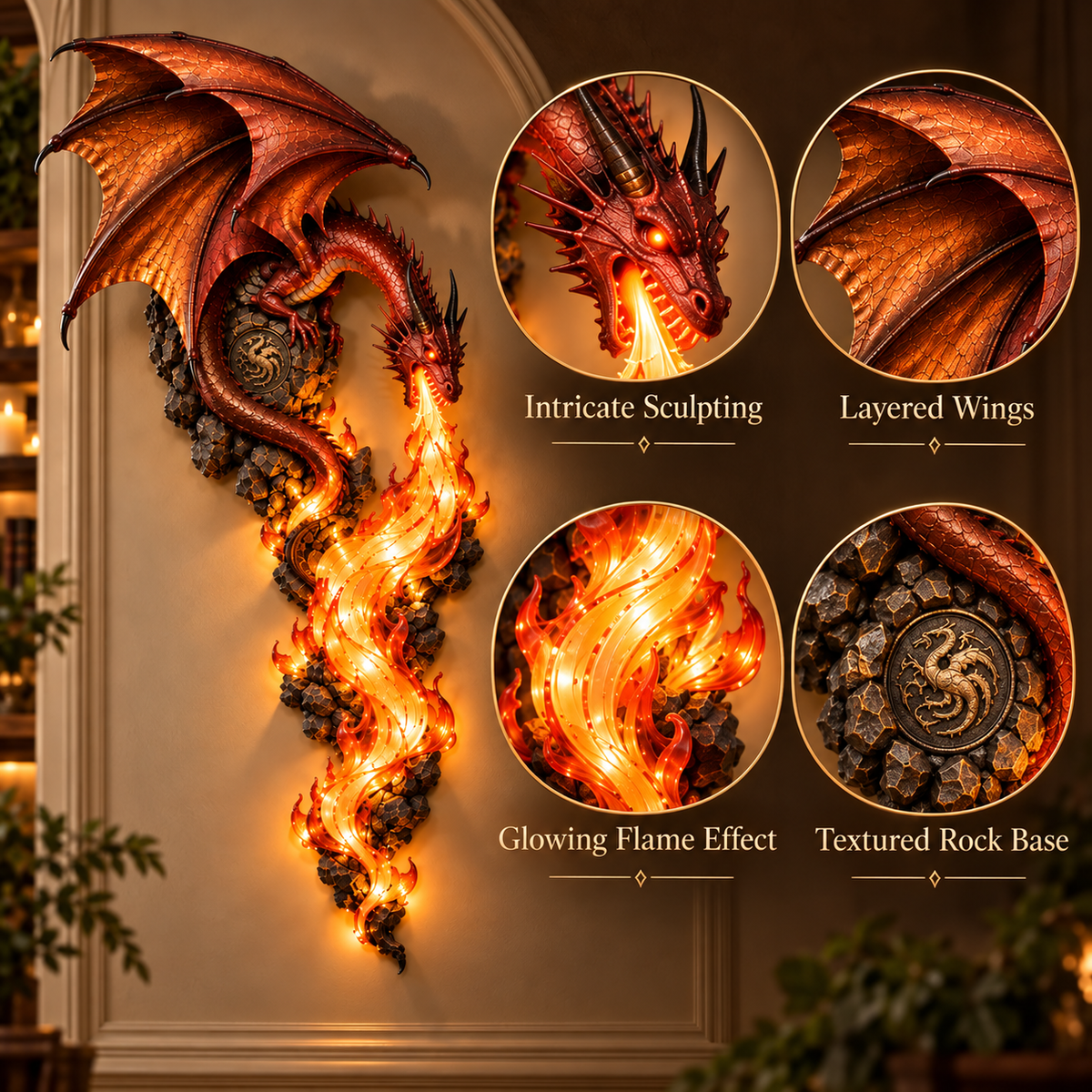 Dragon Flame Wall Sconce – Glowing Fantasy Dragon Wall Decor